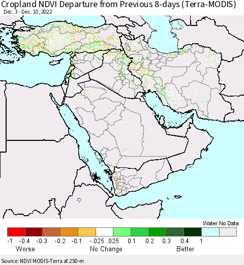 Middle East and Turkey Cropland NDVI Departure from Previous Dekad (Terra-MODIS) Thematic Map For 12/1/2022 - 12/10/2022
