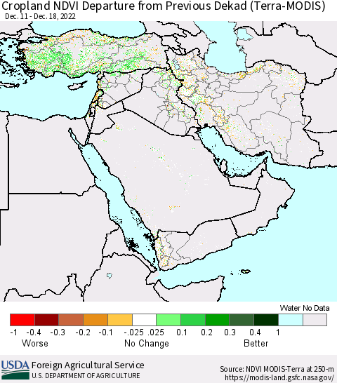 Middle East and Turkey Cropland NDVI Departure from Previous Dekad (Terra-MODIS) Thematic Map For 12/11/2022 - 12/20/2022