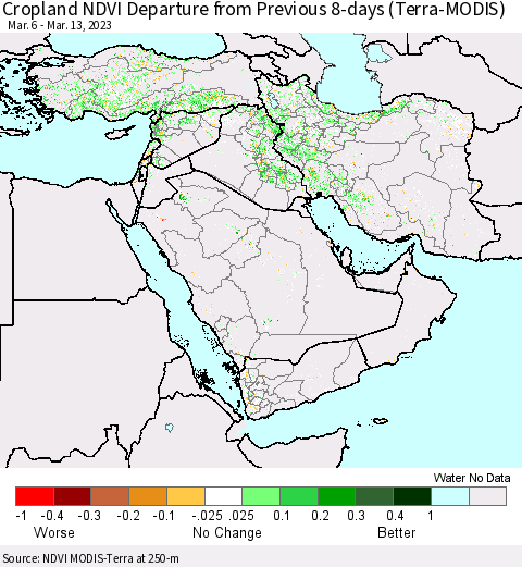 Middle East and Turkey Cropland NDVI Departure from Previous 8-days (Terra-MODIS) Thematic Map For 3/6/2023 - 3/13/2023