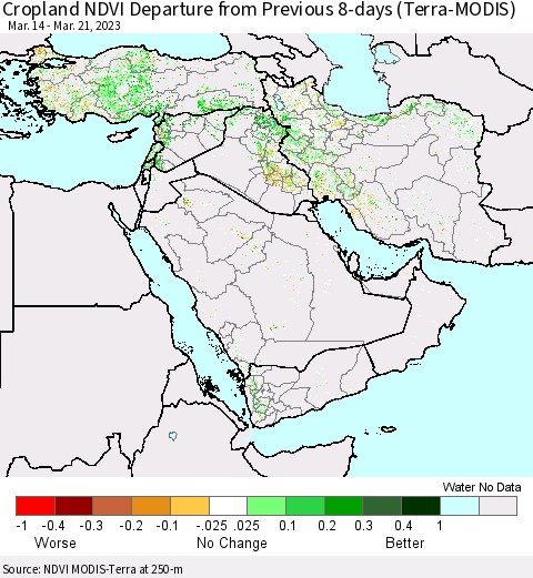 Middle East and Turkey Cropland NDVI Departure from Previous 8-days (Terra-MODIS) Thematic Map For 3/14/2023 - 3/21/2023