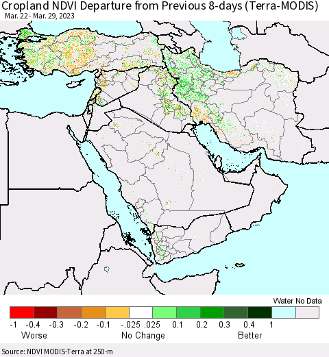 Middle East and Turkey Cropland NDVI Departure from Previous 8-days (Terra-MODIS) Thematic Map For 3/22/2023 - 3/29/2023