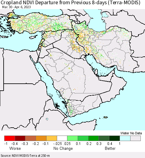 Middle East and Turkey Cropland NDVI Departure from Previous 8-days (Terra-MODIS) Thematic Map For 3/30/2023 - 4/6/2023