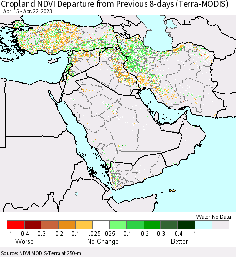 Middle East and Turkey Cropland NDVI Departure from Previous 8-days (Terra-MODIS) Thematic Map For 4/15/2023 - 4/22/2023