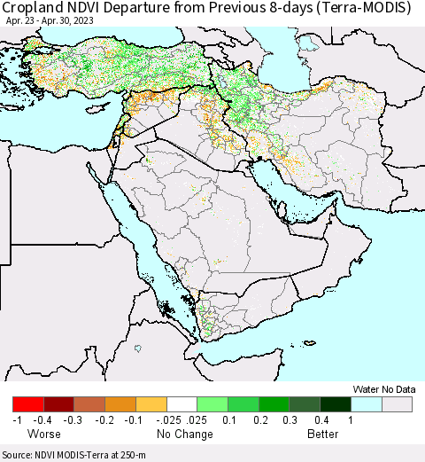 Middle East and Turkey Cropland NDVI Departure from Previous 8-days (Terra-MODIS) Thematic Map For 4/23/2023 - 4/30/2023