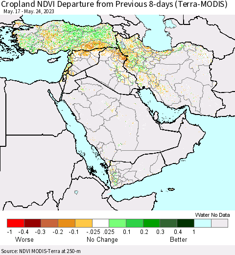 Middle East and Turkey Cropland NDVI Departure from Previous 8-days (Terra-MODIS) Thematic Map For 5/17/2023 - 5/24/2023