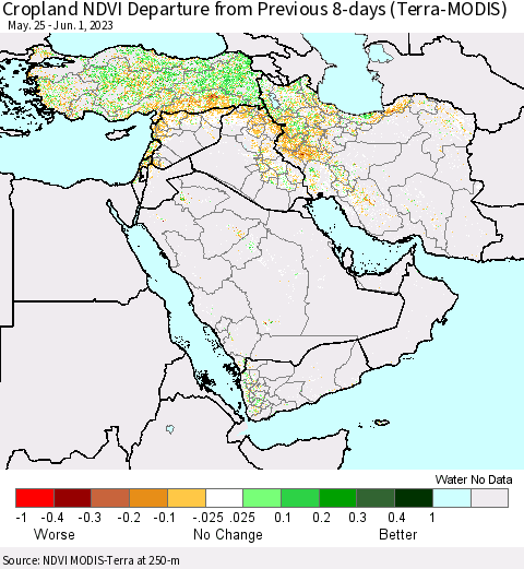 Middle East and Turkey Cropland NDVI Departure from Previous 8-days (Terra-MODIS) Thematic Map For 5/25/2023 - 6/1/2023