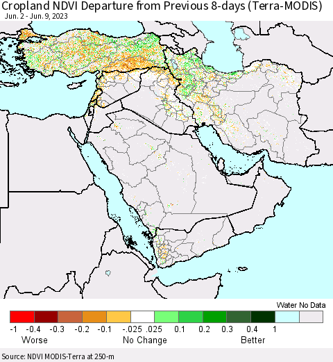 Middle East and Turkey Cropland NDVI Departure from Previous 8-days (Terra-MODIS) Thematic Map For 6/2/2023 - 6/9/2023