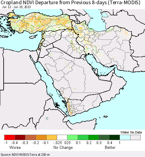 Middle East and Turkey Cropland NDVI Departure from Previous 8-days (Terra-MODIS) Thematic Map For 7/12/2023 - 7/19/2023