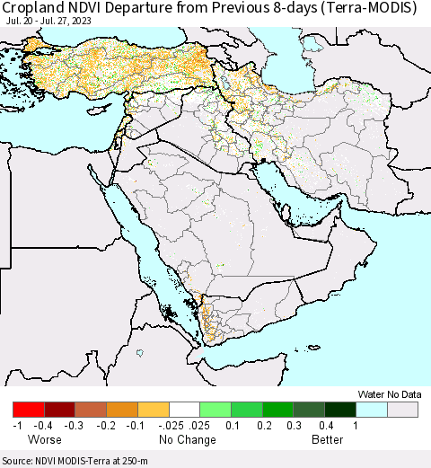 Middle East and Turkey Cropland NDVI Departure from Previous 8-days (Terra-MODIS) Thematic Map For 7/20/2023 - 7/27/2023