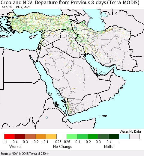 Middle East and Turkey Cropland NDVI Departure from Previous 8-days (Terra-MODIS) Thematic Map For 9/30/2023 - 10/7/2023