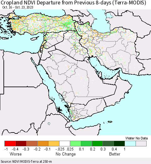Middle East and Turkey Cropland NDVI Departure from Previous 8-days (Terra-MODIS) Thematic Map For 10/16/2023 - 10/23/2023