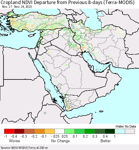Middle East and Turkey Cropland NDVI Departure from Previous 8-days (Terra-MODIS) Thematic Map For 11/17/2023 - 11/24/2023