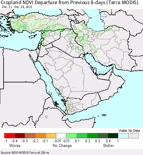 Middle East and Turkey Cropland NDVI Departure from Previous 8-days (Terra-MODIS) Thematic Map For 12/11/2023 - 12/18/2023