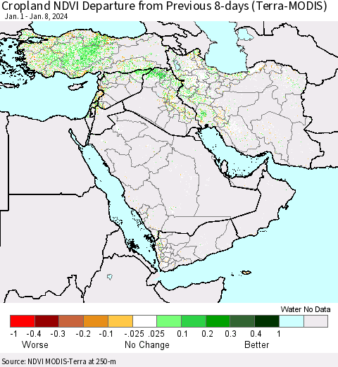 Middle East and Turkey Cropland NDVI Departure from Previous 8-days (Terra-MODIS) Thematic Map For 1/1/2024 - 1/8/2024