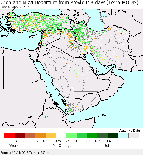 Middle East and Turkey Cropland NDVI Departure from Previous 8-days (Terra-MODIS) Thematic Map For 4/6/2024 - 4/13/2024