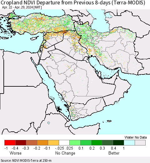 Middle East and Turkey Cropland NDVI Departure from Previous 8-days (Terra-MODIS) Thematic Map For 4/22/2024 - 4/29/2024