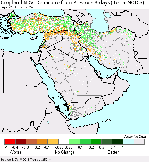 Middle East and Turkey Cropland NDVI Departure from Previous 8-days (Terra-MODIS) Thematic Map For 4/22/2024 - 4/29/2024