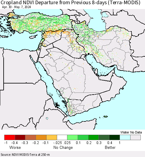 Middle East and Turkey Cropland NDVI Departure from Previous 8-days (Terra-MODIS) Thematic Map For 4/30/2024 - 5/7/2024