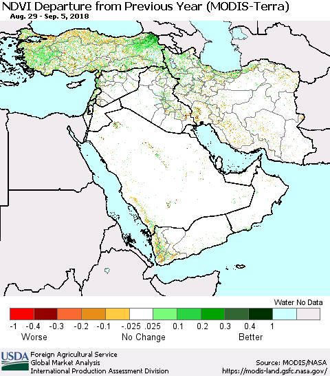 Middle East and Turkey NDVI Departure from Previous Year (Terra-MODIS) Thematic Map For 9/1/2018 - 9/10/2018