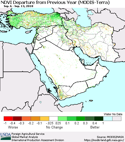 Middle East and Turkey NDVI Departure from Previous Year (Terra-MODIS) Thematic Map For 9/11/2018 - 9/20/2018