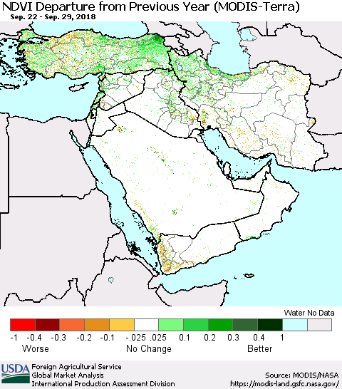Middle East and Turkey NDVI Departure from Previous Year (Terra-MODIS) Thematic Map For 9/21/2018 - 9/30/2018