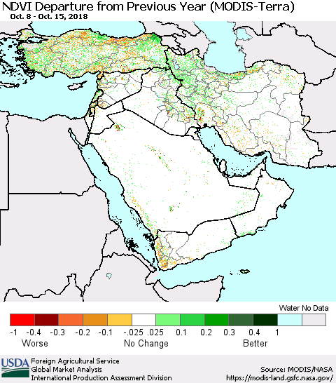 Middle East and Turkey NDVI Departure from Previous Year (Terra-MODIS) Thematic Map For 10/11/2018 - 10/20/2018