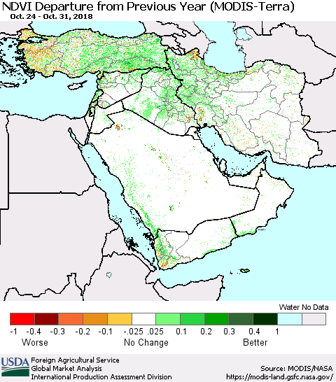 Middle East and Turkey NDVI Departure from Previous Year (Terra-MODIS) Thematic Map For 10/21/2018 - 10/31/2018