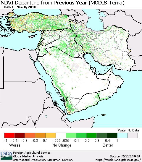 Middle East and Turkey NDVI Departure from Previous Year (Terra-MODIS) Thematic Map For 11/1/2018 - 11/10/2018