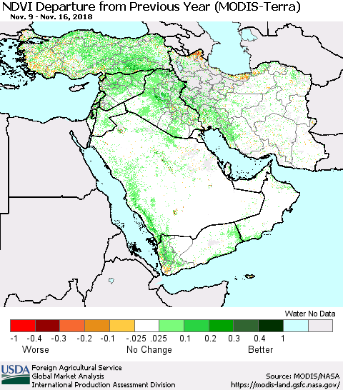 Middle East and Turkey NDVI Departure from Previous Year (Terra-MODIS) Thematic Map For 11/11/2018 - 11/20/2018