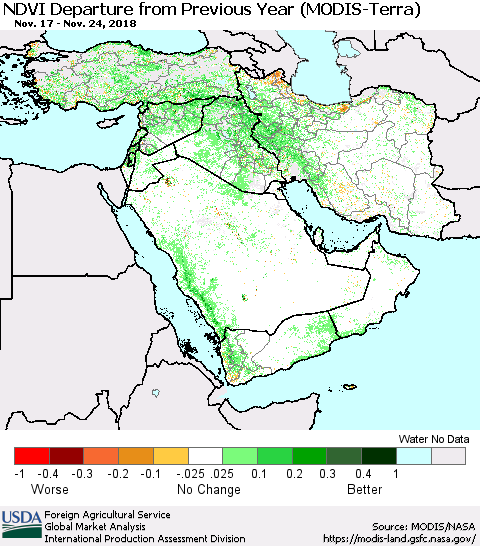 Middle East and Turkey NDVI Departure from Previous Year (Terra-MODIS) Thematic Map For 11/21/2018 - 11/30/2018