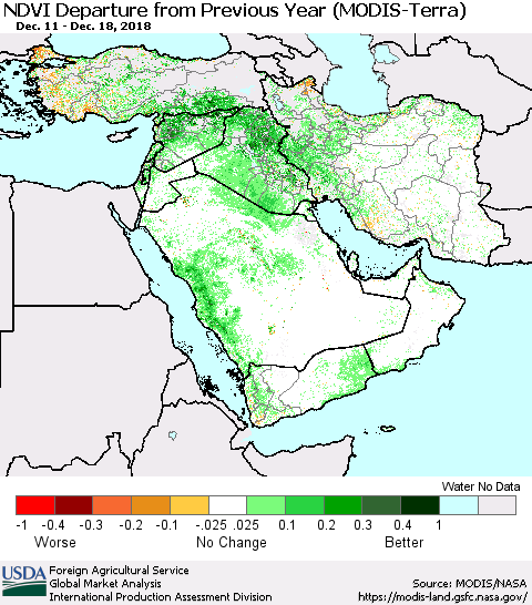 Middle East and Turkey NDVI Departure from Previous Year (Terra-MODIS) Thematic Map For 12/11/2018 - 12/20/2018