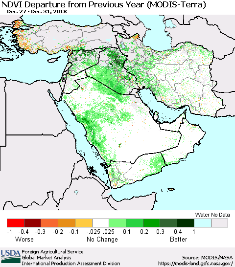 Middle East and Turkey NDVI Departure from Previous Year (Terra-MODIS) Thematic Map For 12/21/2018 - 12/31/2018