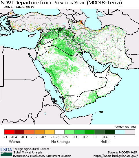 Middle East and Turkey NDVI Departure from Previous Year (Terra-MODIS) Thematic Map For 1/1/2019 - 1/10/2019