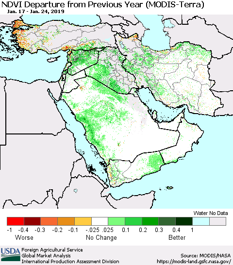 Middle East and Turkey NDVI Departure from Previous Year (Terra-MODIS) Thematic Map For 1/21/2019 - 1/31/2019