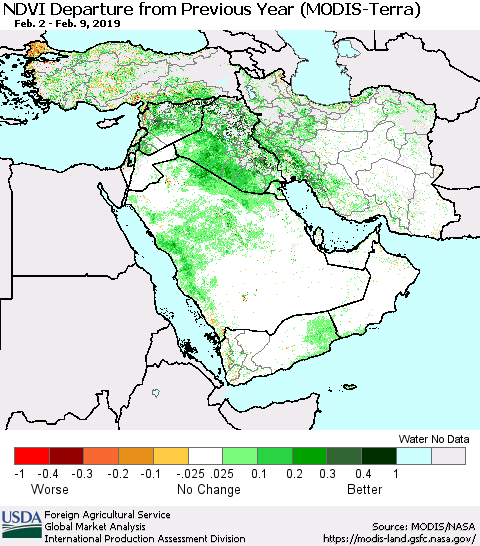 Middle East and Turkey NDVI Departure from Previous Year (Terra-MODIS) Thematic Map For 2/1/2019 - 2/10/2019