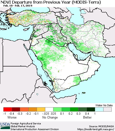 Middle East and Turkey NDVI Departure from Previous Year (Terra-MODIS) Thematic Map For 2/11/2019 - 2/20/2019