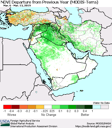 Middle East and Turkey NDVI Departure from Previous Year (Terra-MODIS) Thematic Map For 3/11/2019 - 3/20/2019