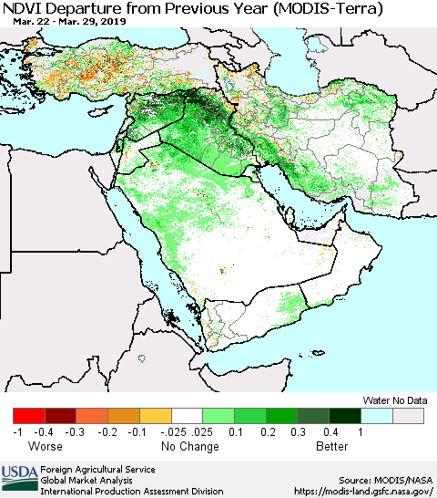 Middle East and Turkey NDVI Departure from Previous Year (Terra-MODIS) Thematic Map For 3/21/2019 - 3/31/2019