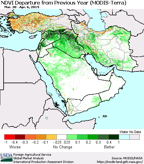 Middle East and Turkey NDVI Departure from Previous Year (Terra-MODIS) Thematic Map For 4/1/2019 - 4/10/2019