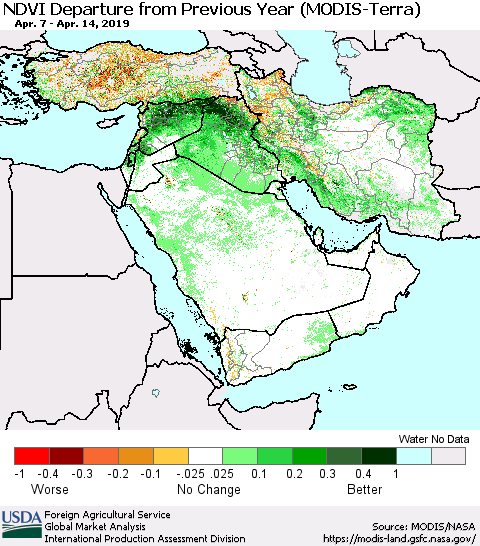Middle East and Turkey NDVI Departure from Previous Year (Terra-MODIS) Thematic Map For 4/11/2019 - 4/20/2019