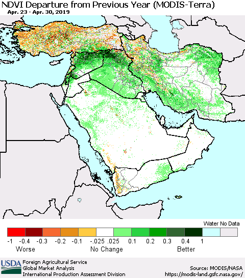 Middle East and Turkey NDVI Departure from Previous Year (Terra-MODIS) Thematic Map For 4/21/2019 - 4/30/2019