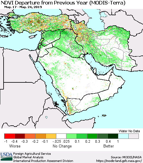 Middle East and Turkey NDVI Departure from Previous Year (Terra-MODIS) Thematic Map For 5/21/2019 - 5/31/2019