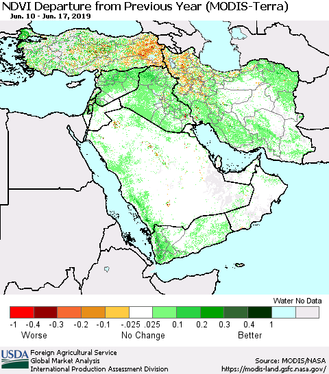 Middle East and Turkey NDVI Departure from Previous Year (Terra-MODIS) Thematic Map For 6/11/2019 - 6/20/2019