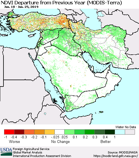 Middle East and Turkey NDVI Departure from Previous Year (Terra-MODIS) Thematic Map For 6/21/2019 - 6/30/2019