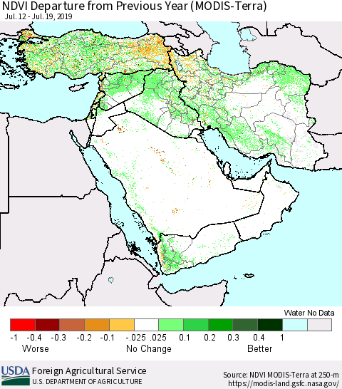 Middle East and Turkey NDVI Departure from Previous Year (Terra-MODIS) Thematic Map For 7/11/2019 - 7/20/2019
