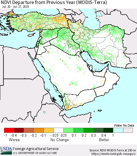Middle East and Turkey NDVI Departure from Previous Year (Terra-MODIS) Thematic Map For 7/21/2019 - 7/31/2019