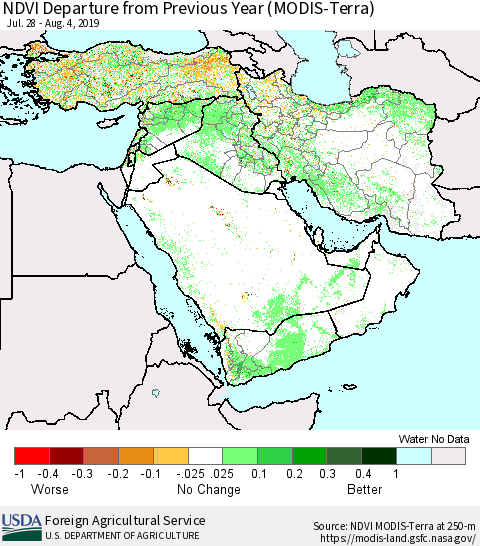 Middle East and Turkey NDVI Departure from Previous Year (Terra-MODIS) Thematic Map For 8/1/2019 - 8/10/2019