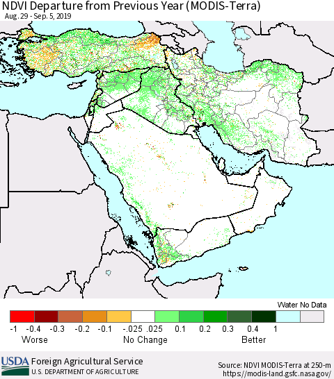 Middle East and Turkey NDVI Departure from Previous Year (Terra-MODIS) Thematic Map For 9/1/2019 - 9/10/2019