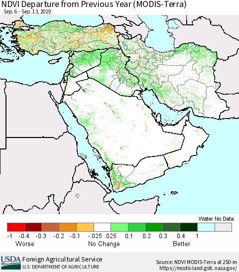 Middle East and Turkey NDVI Departure from Previous Year (Terra-MODIS) Thematic Map For 9/11/2019 - 9/20/2019