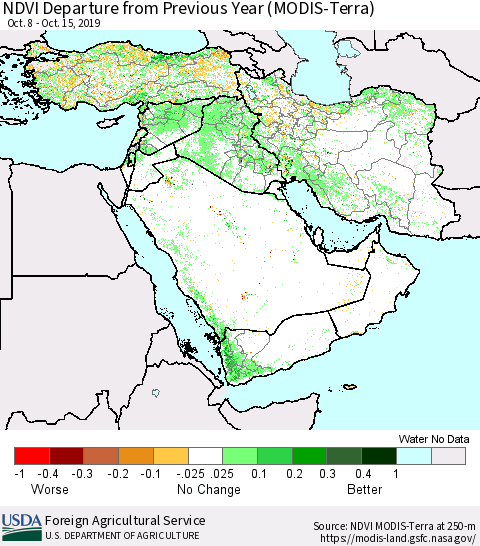Middle East and Turkey NDVI Departure from Previous Year (Terra-MODIS) Thematic Map For 10/11/2019 - 10/20/2019